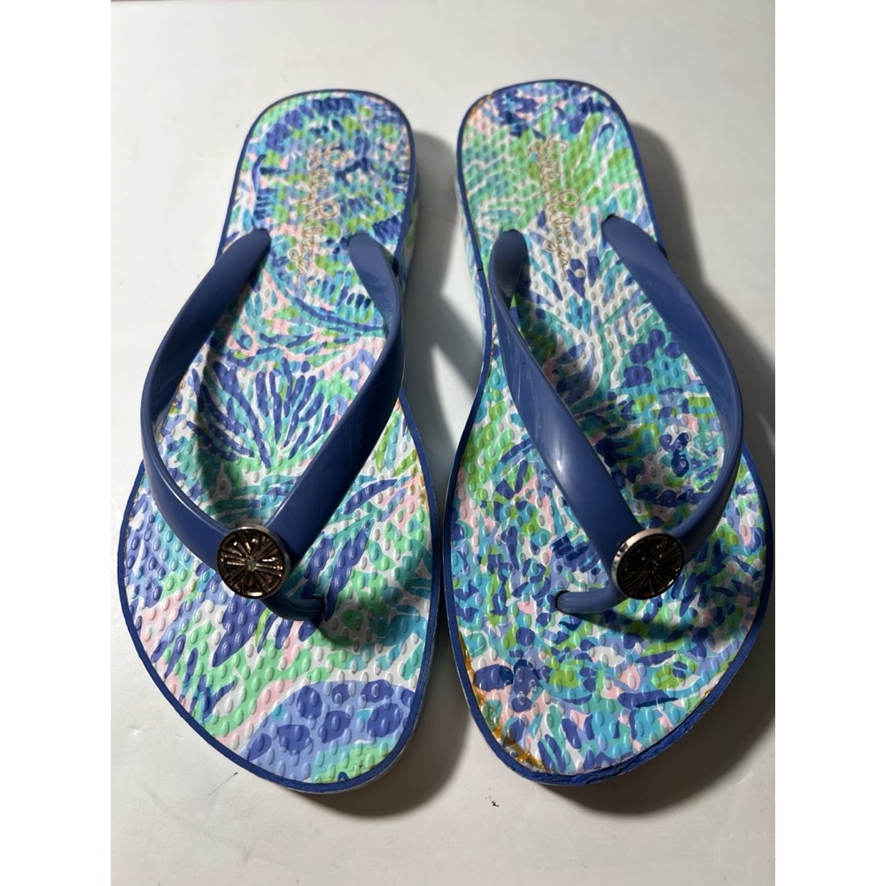 Lily Pulitzer Colorful Flip Flops with Blue Straps
